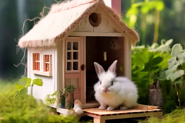 Angora Rabbit in small tiny house