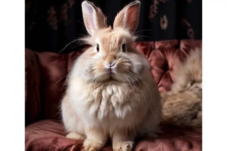 Angora Rabbit sitting on sofa in home
