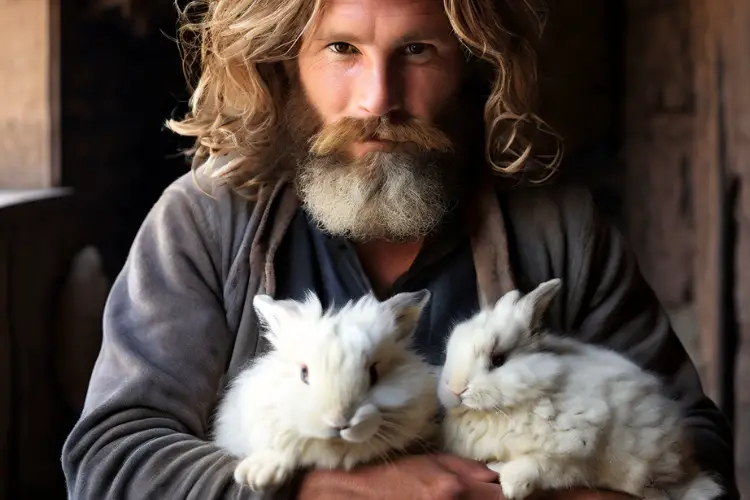 man caring for Health and Welfare of Angora Rabbits