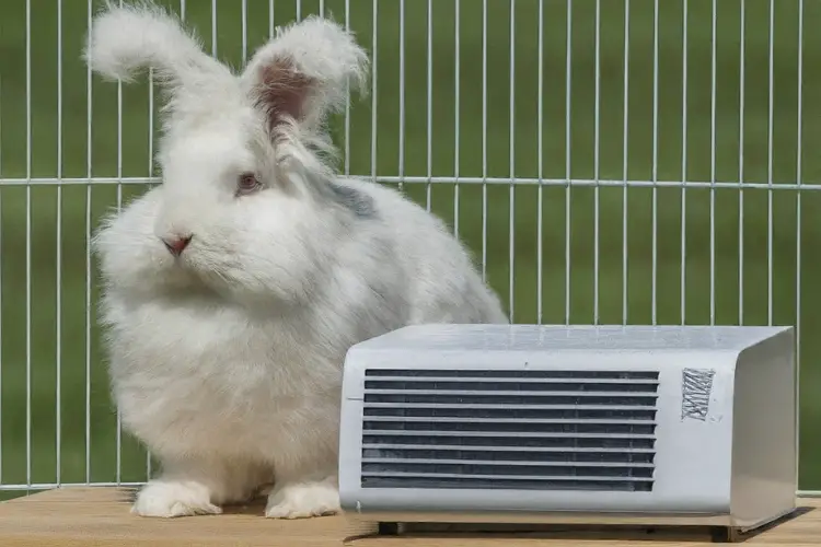 Angora Rabbit in cage with temperature measurement tool