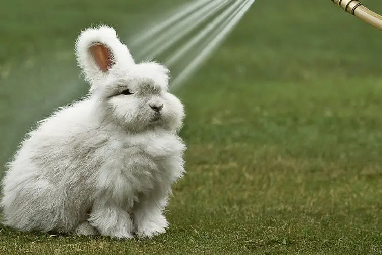 Angora Rabbits on grass under showering water