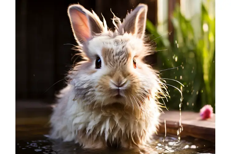 angora rabbit standing water tub