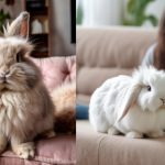 angora rabbit white fluffy with owner on sofa