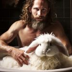 man bathing angora rabbit in home tube