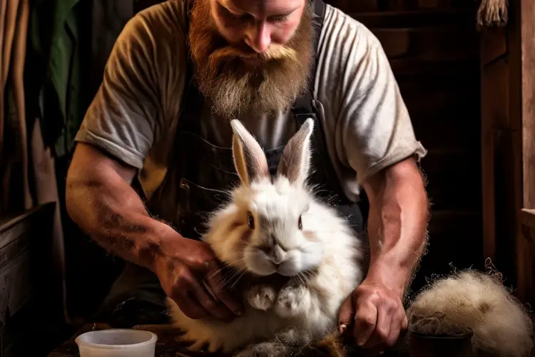 man cleaning angora rabbit ear with hands and tools in home