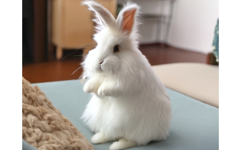 white angora rabbit in home